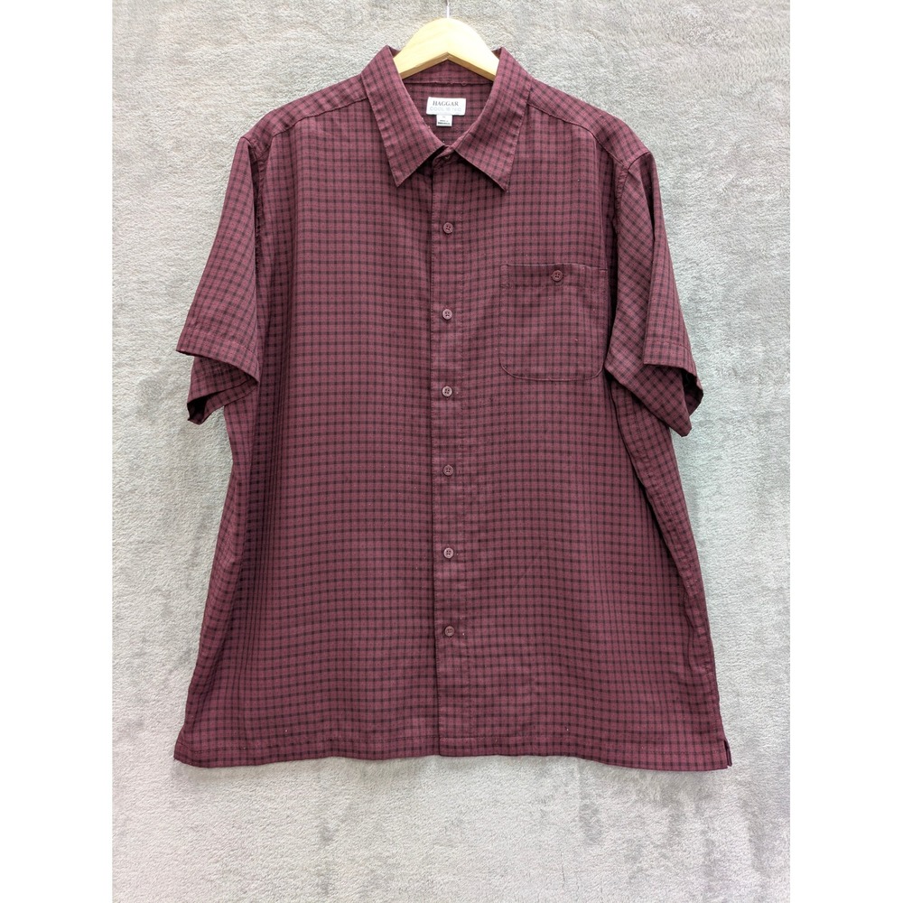 Classic Micro Grid Button Down Shirt Mens XL Haggar Cool 18 Tec Burgundy